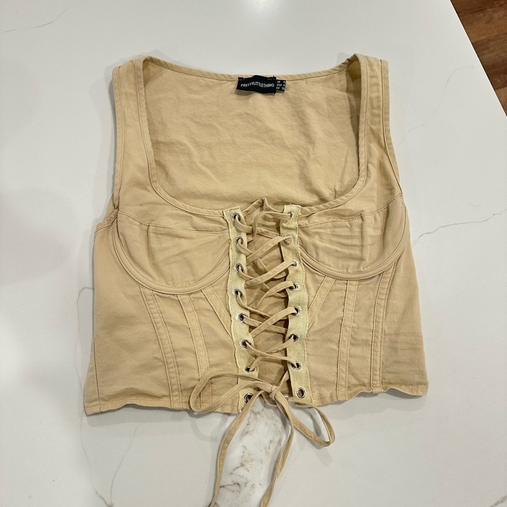 PrettyLittleThing Tan Lace-Up Crop Top
